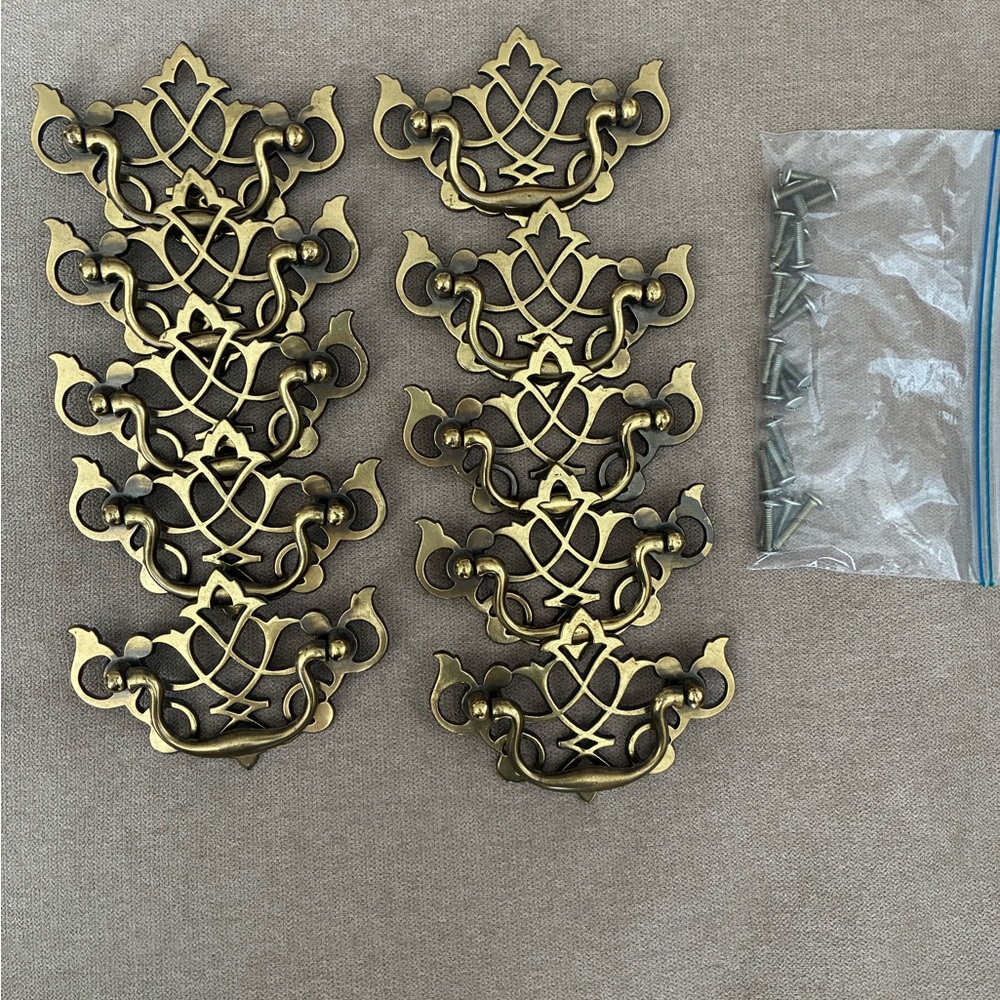 Set of 10 Brass Drawer Pulls with Screws